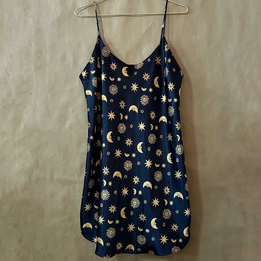 Vintage Navy Mini Dress with Gold Celestial Print